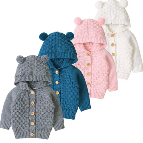 Baby Hooded Knit Cardigan with Pom-Pom Ears